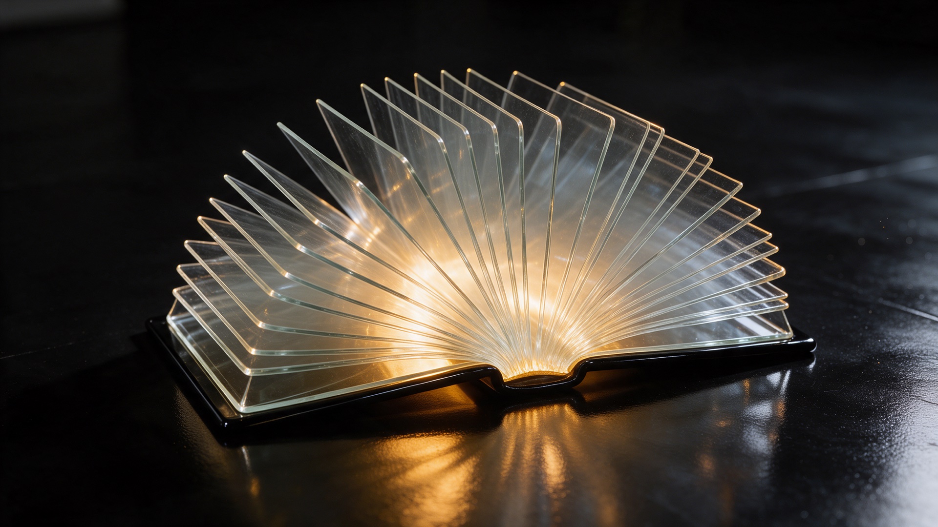 Livro aberto com páginas de vidro sobre uma mesa preta, com luz dourada saindo entre as páginas