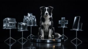 Border collie sentado num pódio de vidro preto, como um maestro, diante de esculturas de vidro em estantes de partitura que representam os canais de compra pet: pet shop, caixa de entrega, sacos de ração, clínica veterinária e celular; uma batuta cromada com ponta dourada repousa no pódio