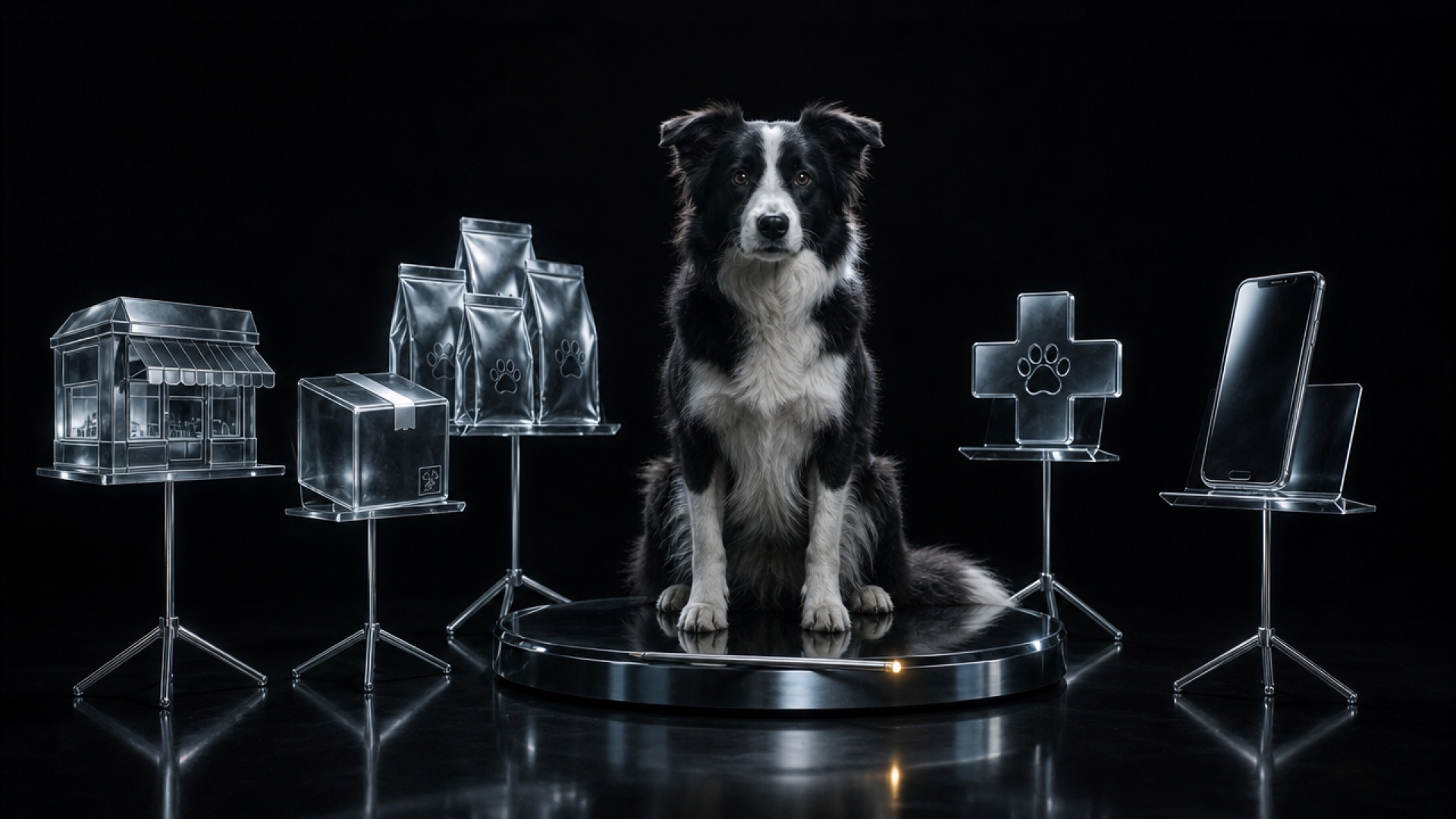 Border collie sentado num pódio de vidro preto, como um maestro, diante de esculturas de vidro em estantes de partitura que representam os canais de compra pet: pet shop, caixa de entrega, sacos de ração, clínica veterinária e celular; uma batuta cromada com ponta dourada repousa no pódio