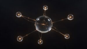 Esfera de vidro grande no centro de um fundo preto, ligada por fios de luz dourada a seis esferas menores ao redor, cada uma com um ponto de luz