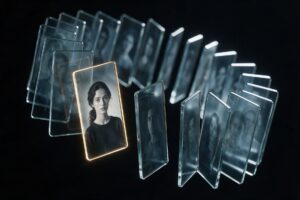 Lâminas de vidro em pé, enfileiradas em círculo, cada uma com o retrato de uma pessoa; uma delas, à frente, tem a borda iluminada em dourado