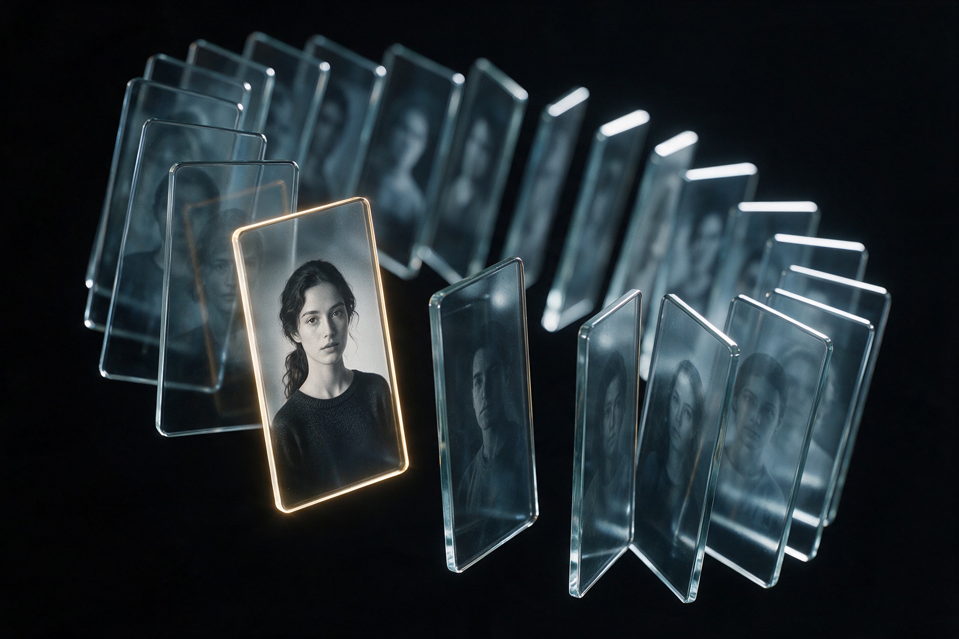 Lâminas de vidro em pé, enfileiradas em círculo, cada uma com o retrato de uma pessoa; uma delas, à frente, tem a borda iluminada em dourado