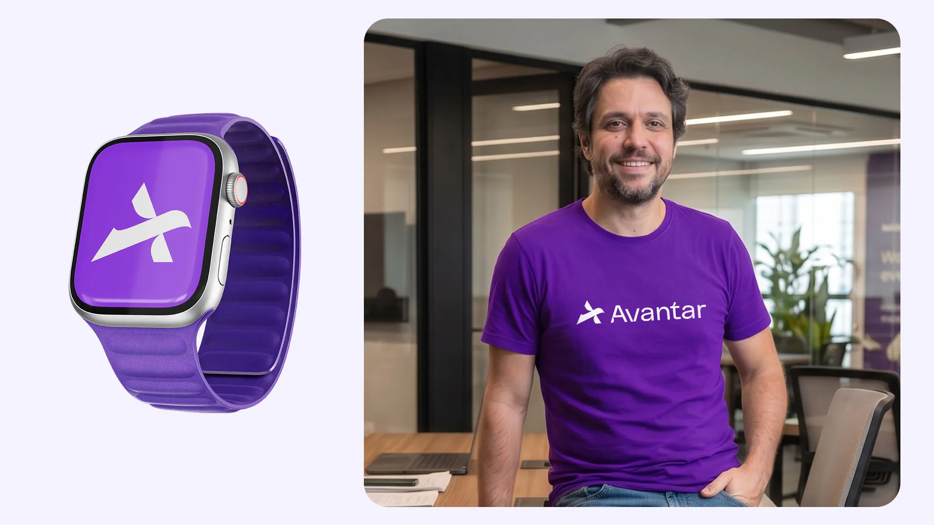 Avantar Colaborador com camiseta Avantar e smartwatch com o símbolo da marca