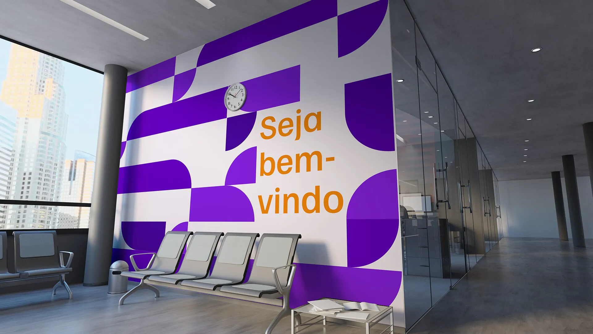 Avantar Parede de recepção Seja bem-vindo com padrão geométrico roxo