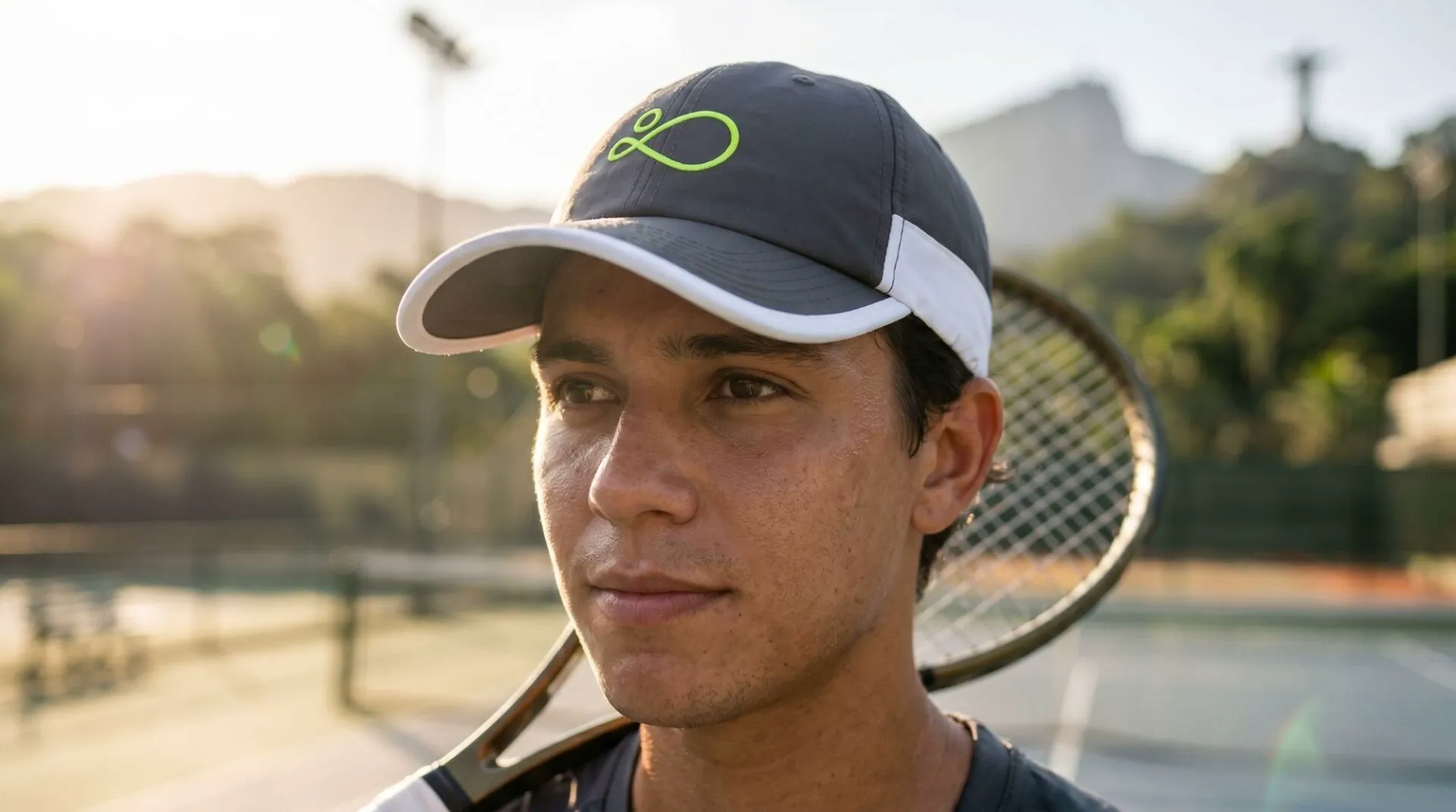 Jogador de boné da Rio Tennis Academy na quadra ao entardecer