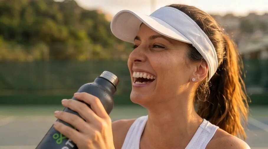 Jogadora com garrafa térmica da Rio Tennis Academy