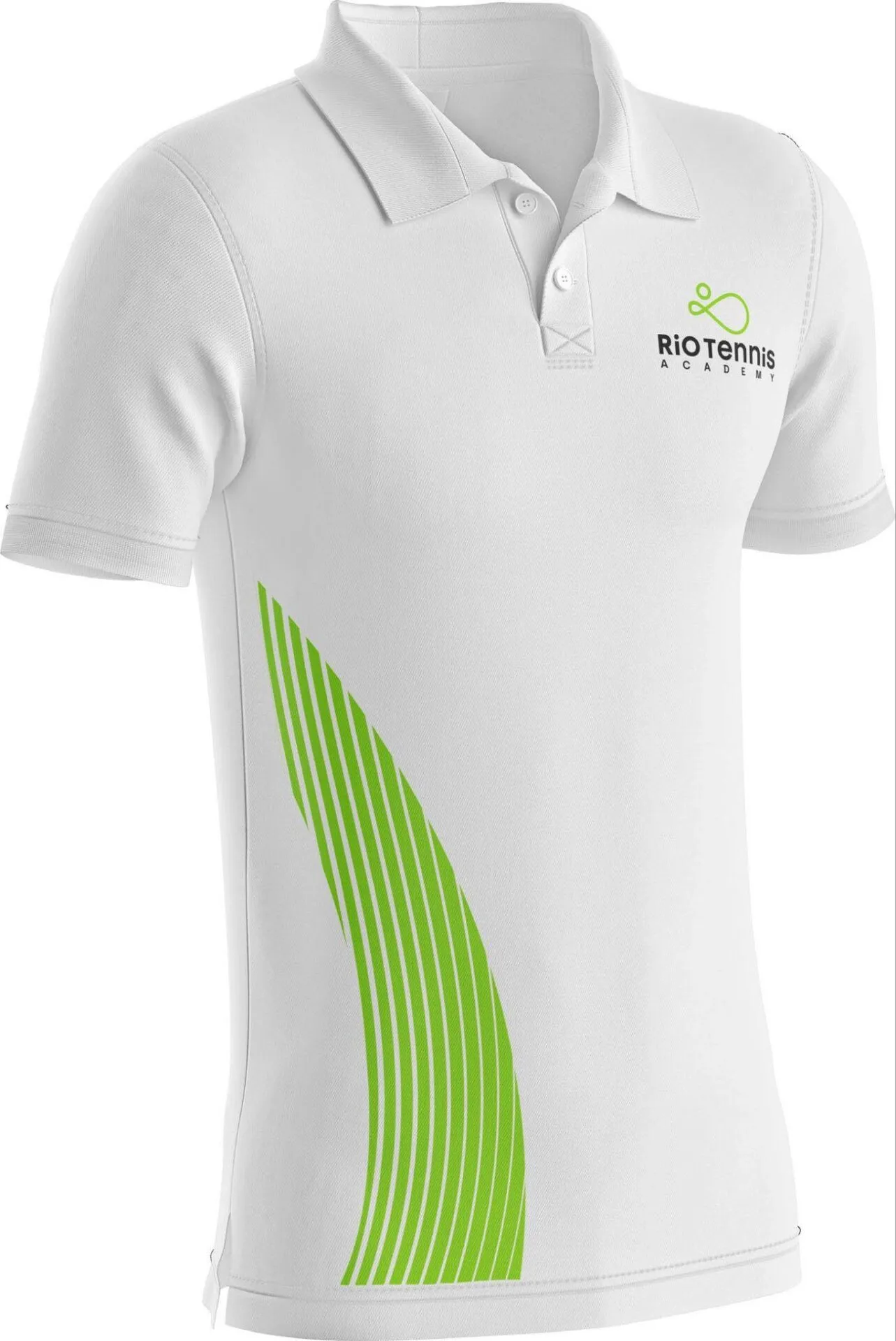 Camisa polo branca da Rio Tennis Academy com grafismo verde