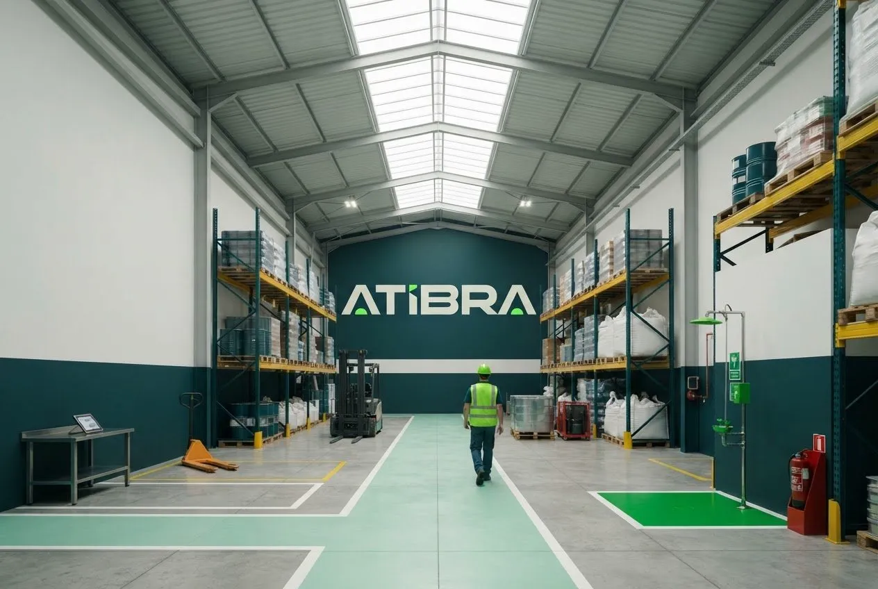 Atibra Simulação do galpão interno com barrado verde petróleo e logotipo ao fundo