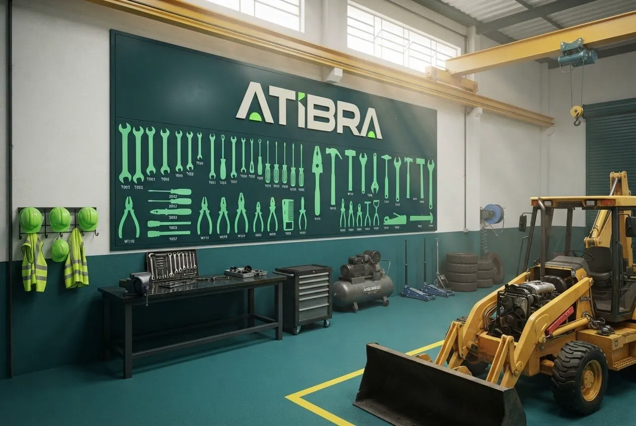 Atibra Simulação da oficina com painel de ferramentas e o logotipo Atibra