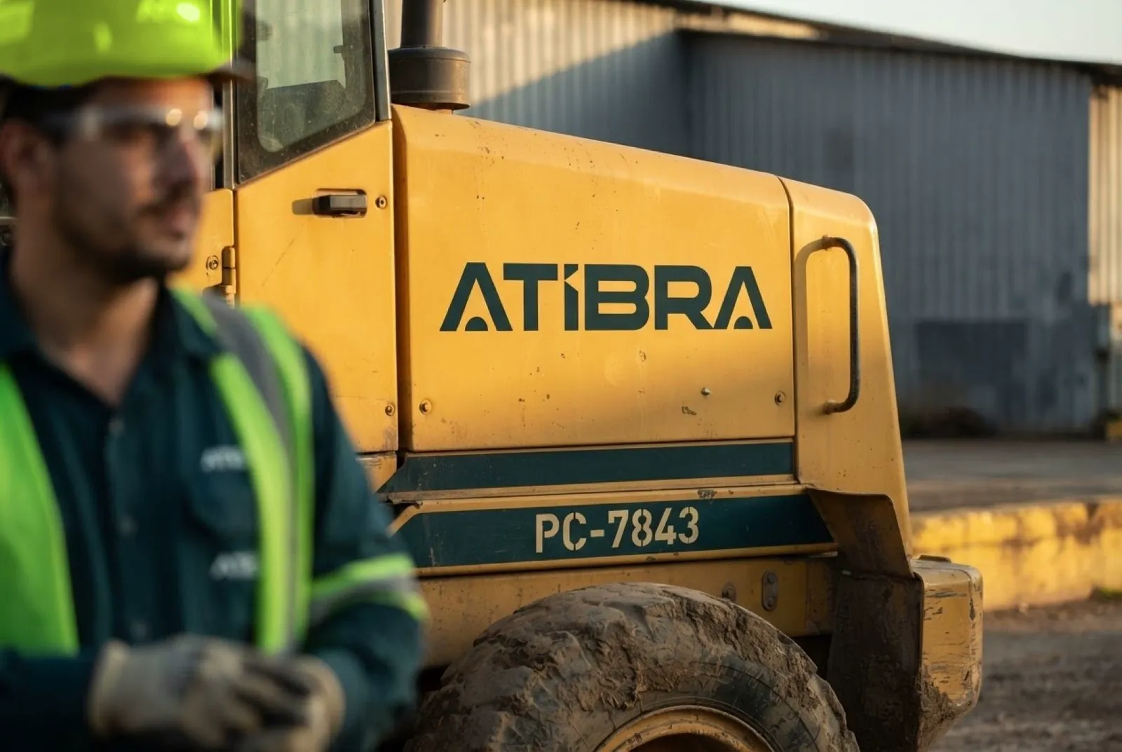 Atibra Simulação de técnico de EPI ao lado de uma máquina amarela com o logotipo Atibra