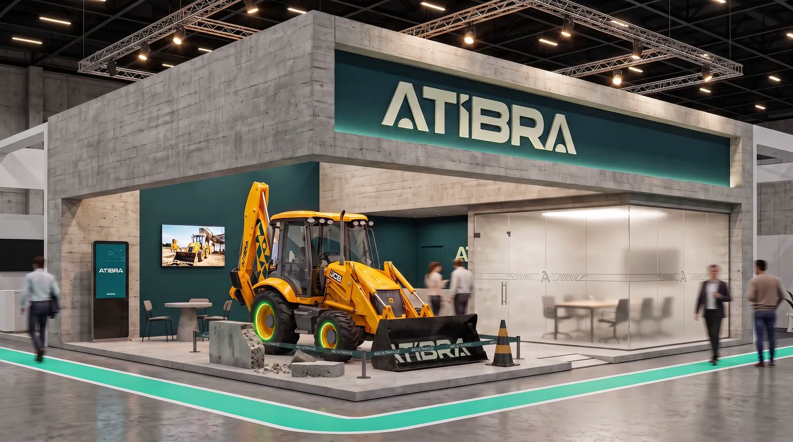 Atibra Render do estande da Atibra com retroescavadeira adesivada na frente