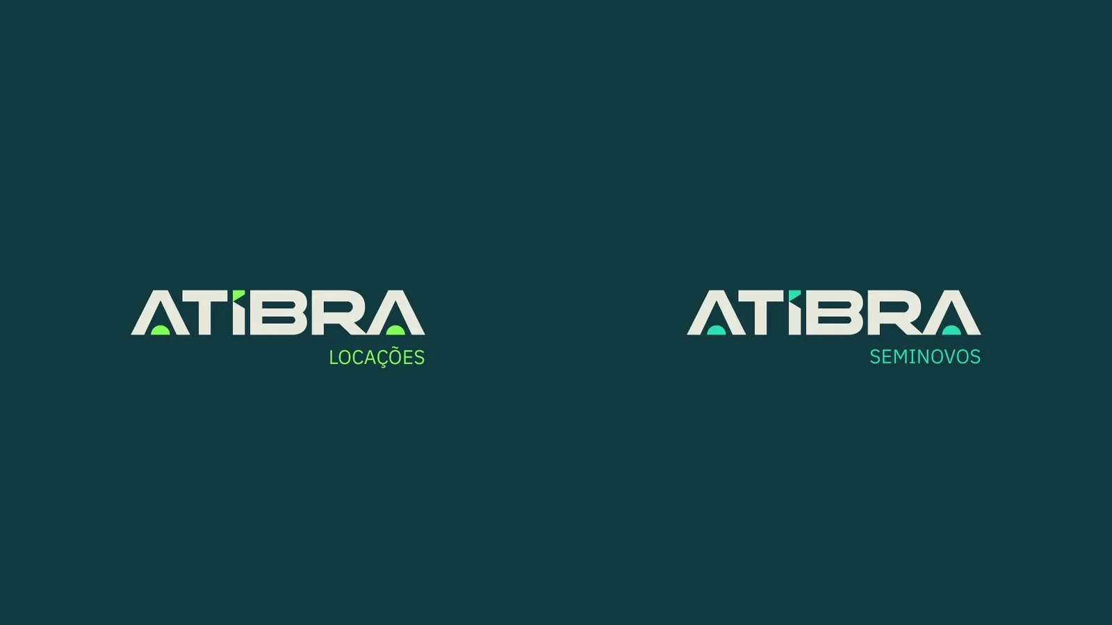 Atibra Logotipos Atibra Locações e Atibra Seminovos lado a lado sobre verde petróleo