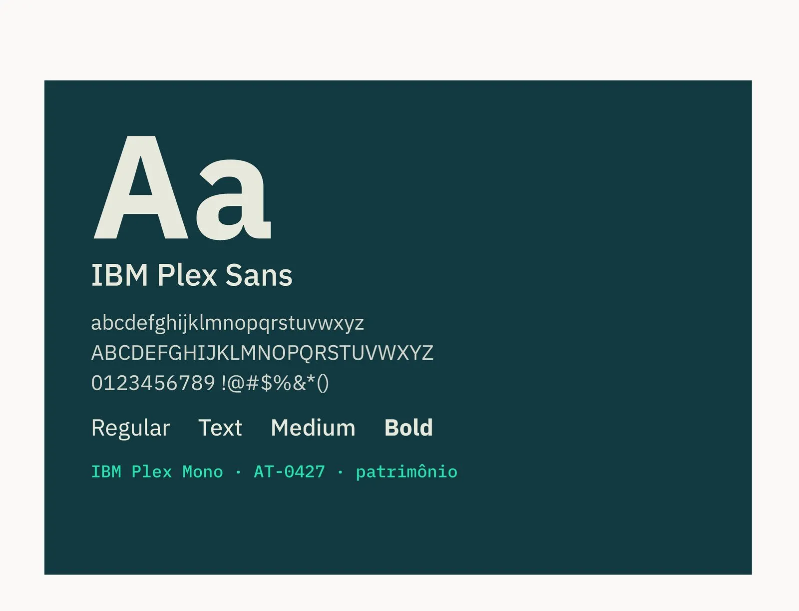 Atibra Especime da IBM Plex Sans com pesos e a Plex Mono do número de patrimônio