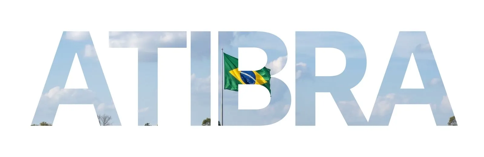 Atibra O nome ATIBRA em letras grandes com a foto do céu e da bandeira do Brasil dentro das letras