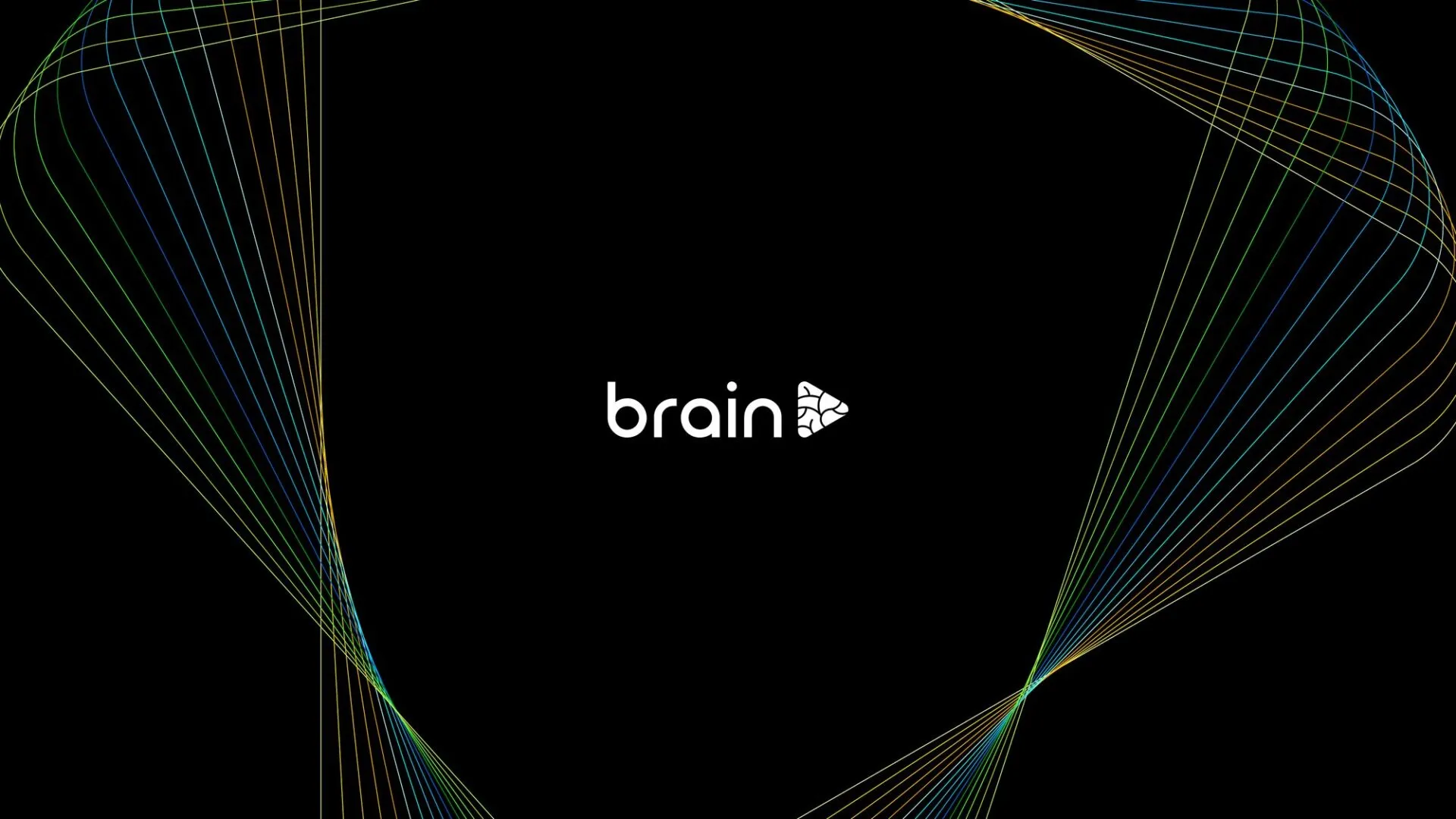 Logotipo do Brain em branco sobre fundo preto com feixe de linhas nas cores da marca