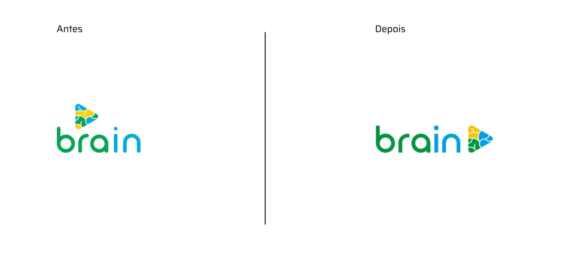 Comparação entre o logotipo antigo do Brain, com símbolo empilhado, e o novo, horizontal