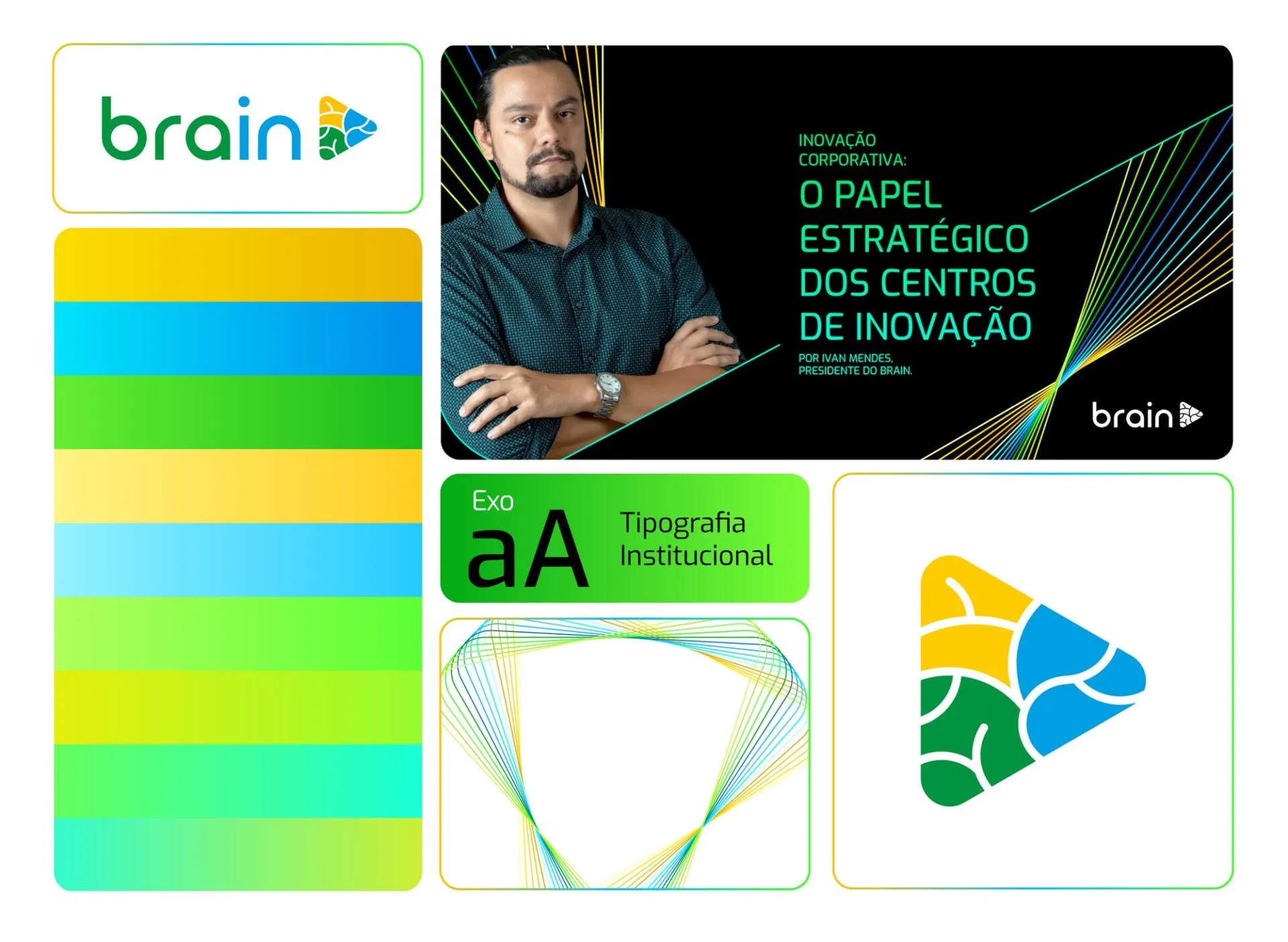 Toolkit da marca Brain: logotipo, faixas de cor, key visual, tipografia Exo e símbolo