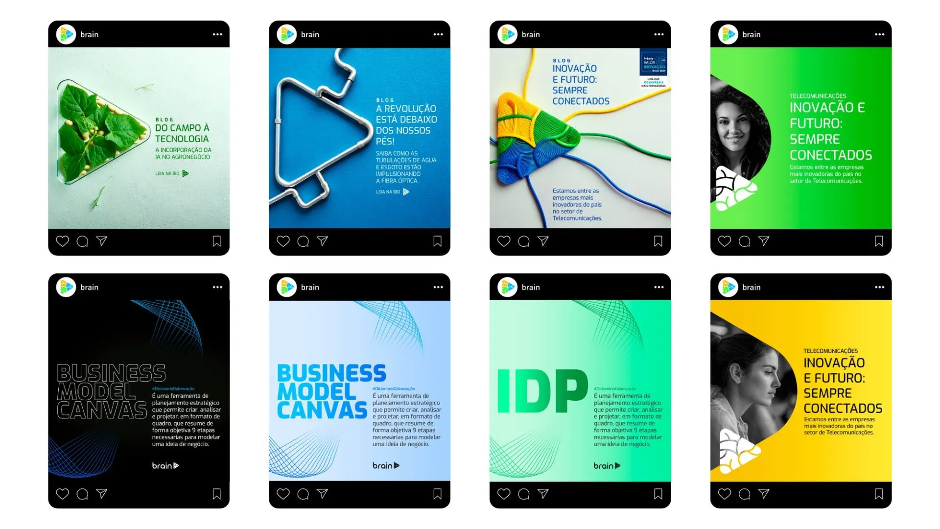 Grade de posts do Brain no Instagram com templates de blog e do Dicionário da Inovação
