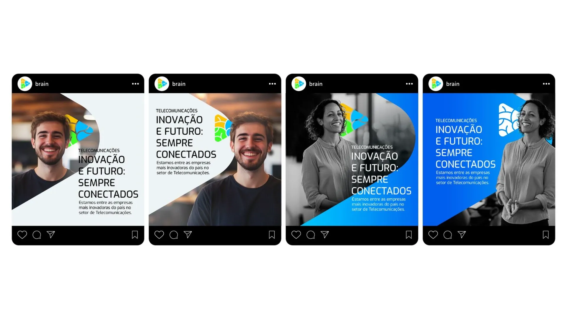 Sequência de posts do Brain com a campanha Inovação e futuro: sempre conectados