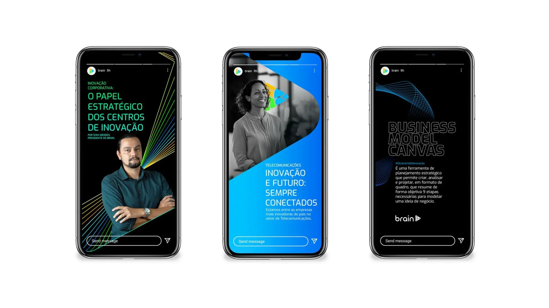 Três stories do Brain exibidos em celulares