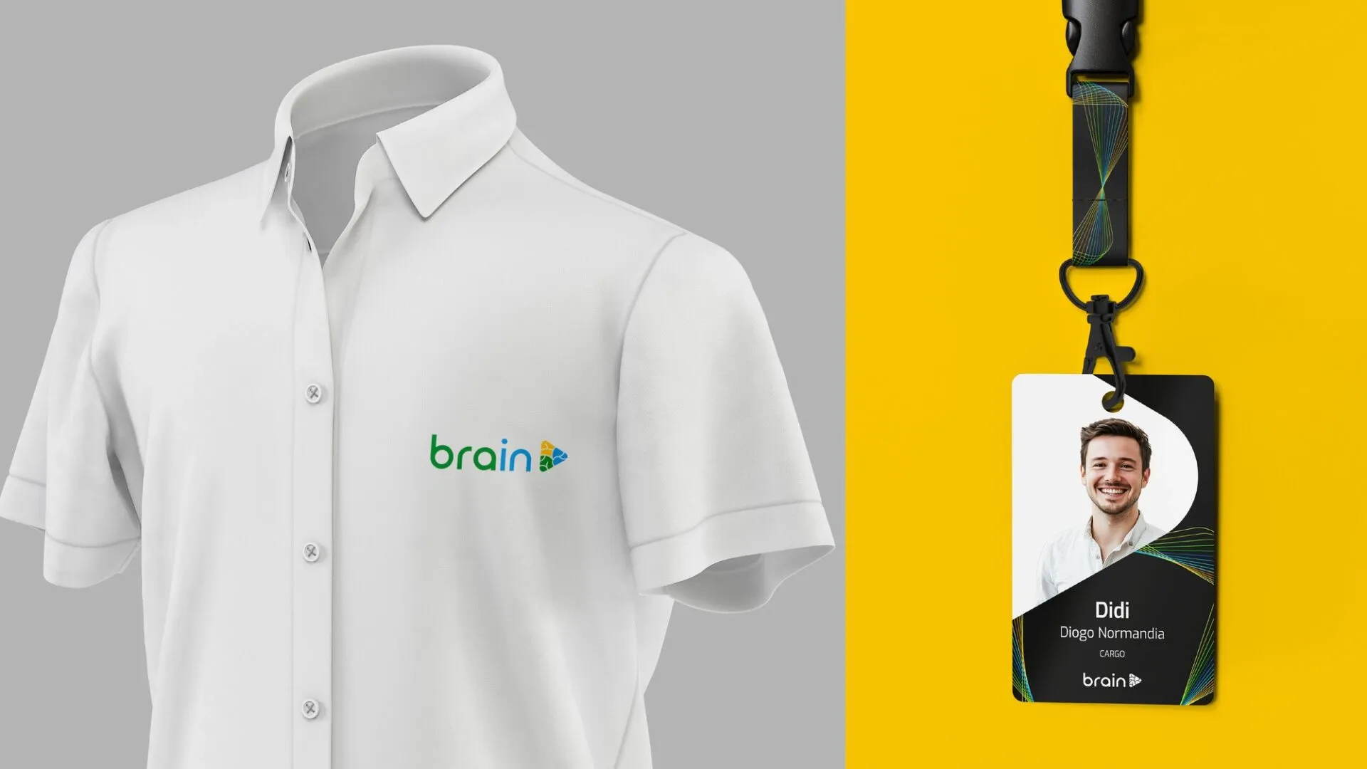Camisa branca com o logotipo do Brain bordado e crachá preto com fita da marca
