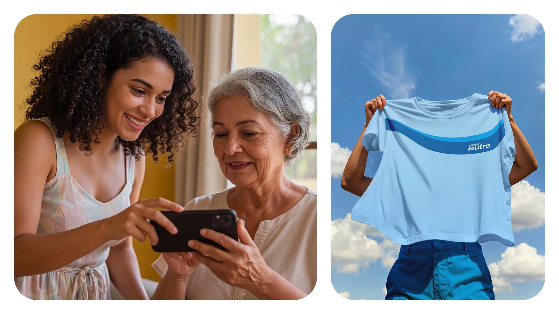 Nestlé Nutre Duas fotos: mulher e senhora olhando um celular e uma camiseta azul-clara com a fita da marca