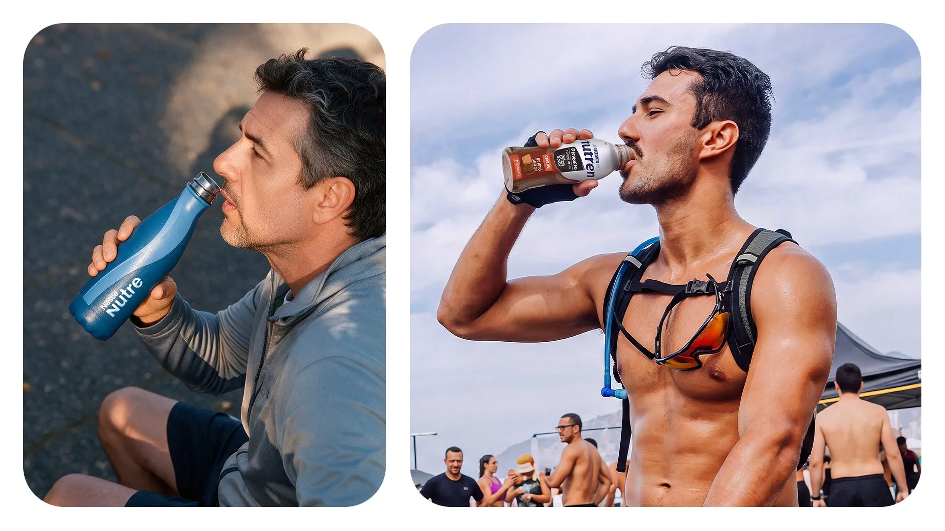 Nestlé Nutre Dois homens bebendo de garrafas com a marca Nestlé Nutre depois do exercício