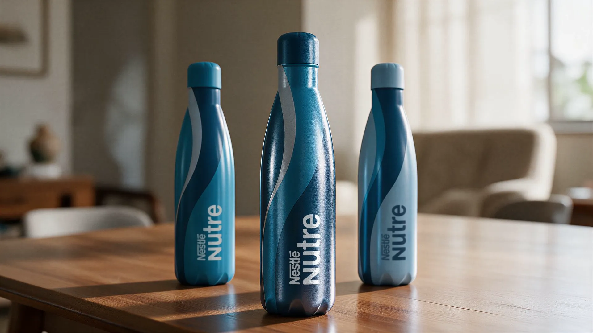 Nestlé Nutre Três garrafas squeeze azuis com o logotipo Nestlé Nutre sobre uma mesa de madeira