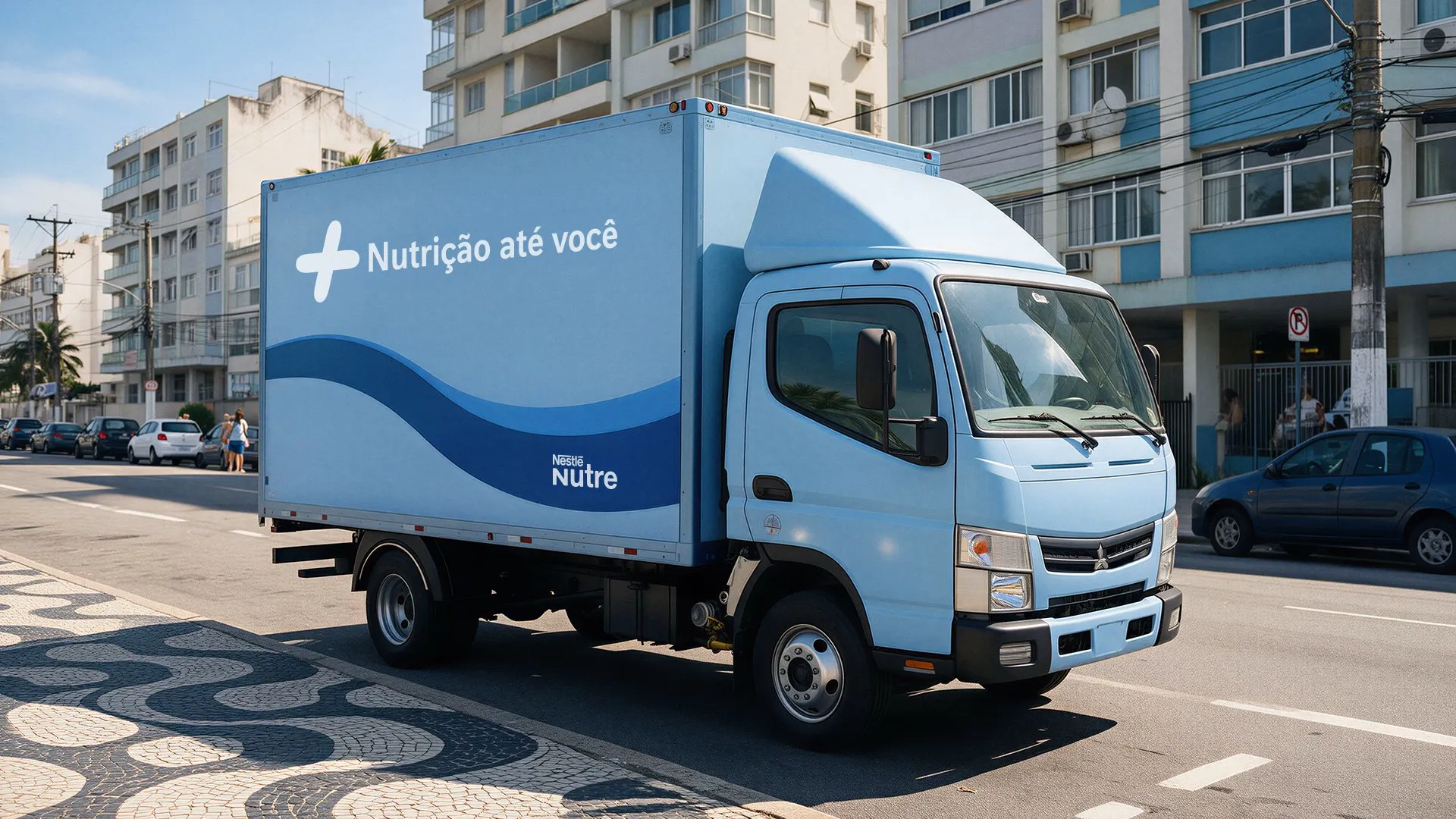 Nestlé Nutre Simulação de caminhão de entrega azul-claro com a frase Nutrição até você